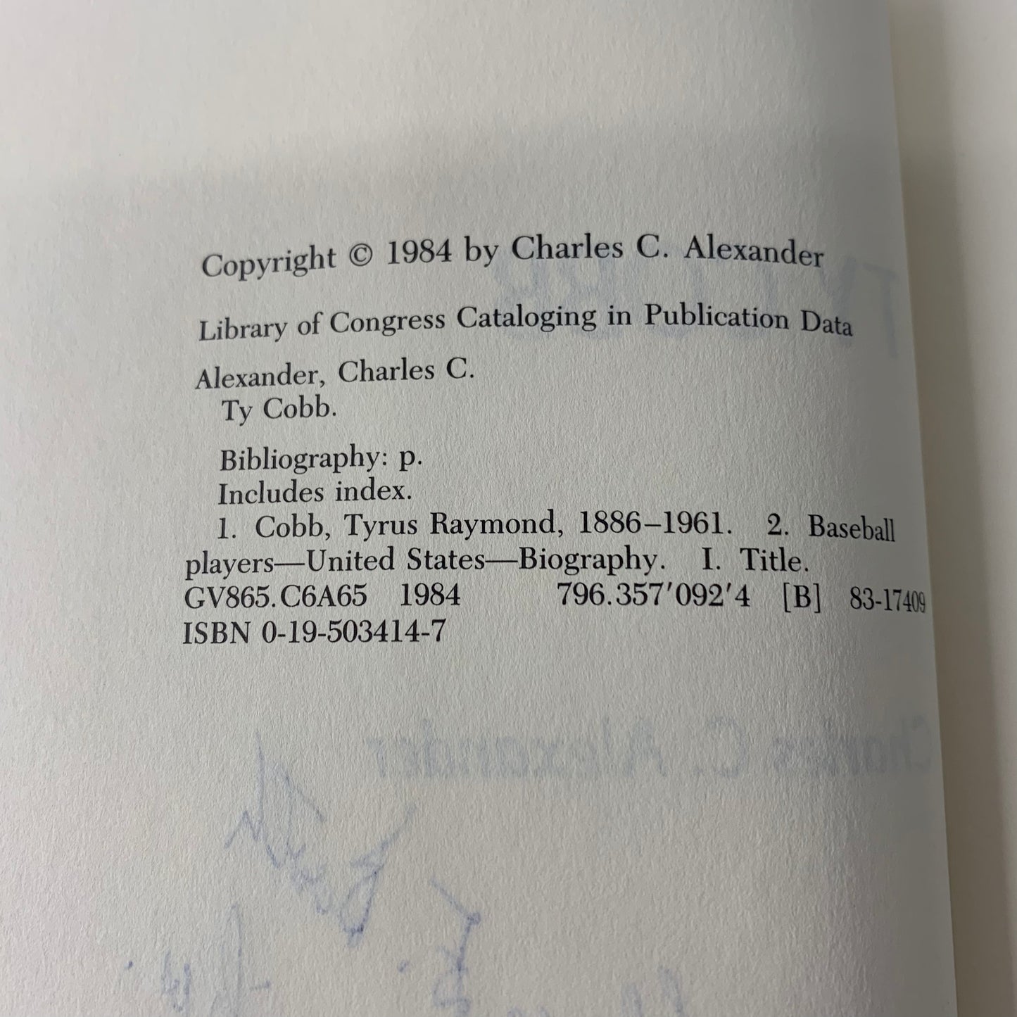 Ty Cobb - Charles C. Alexander - Inscribed - 1st Print - 1984